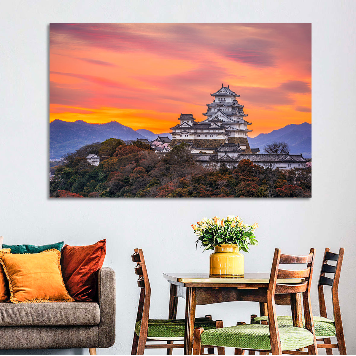 Himeji Castle at Sunrise Wall Art in a room, landscape