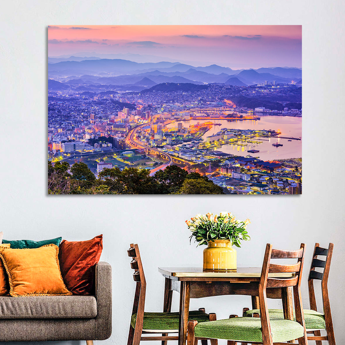 Sasebo Downtown Twilight Harbor Wall Art in a room, landscape