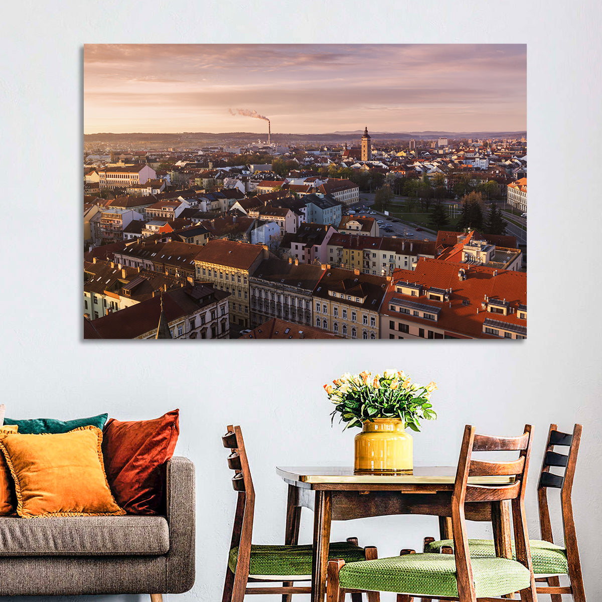 Red Tiled Rooftops at Golden Hour Wall Art in a room, landscape