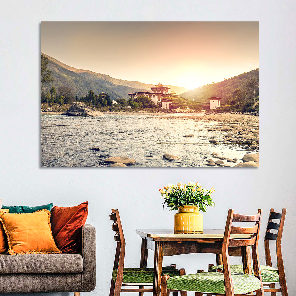 Punakha Dzong at Golden Hour Wall Art in a room, landscape