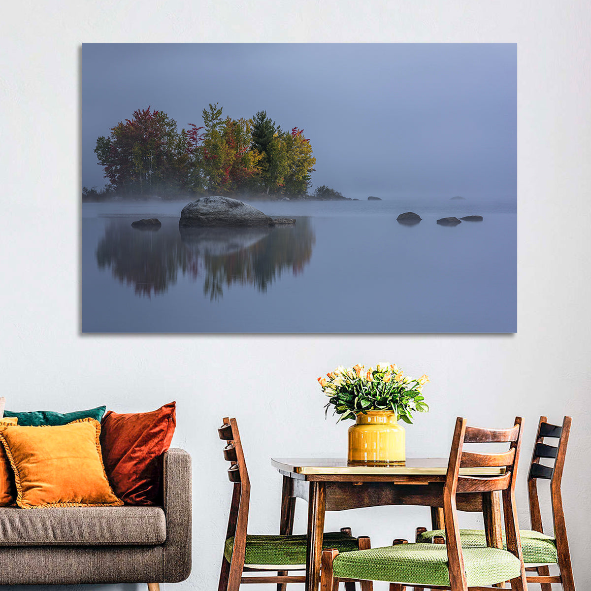 Morning Mist Over Chittenden Lake Wall Art in a room, landscape
