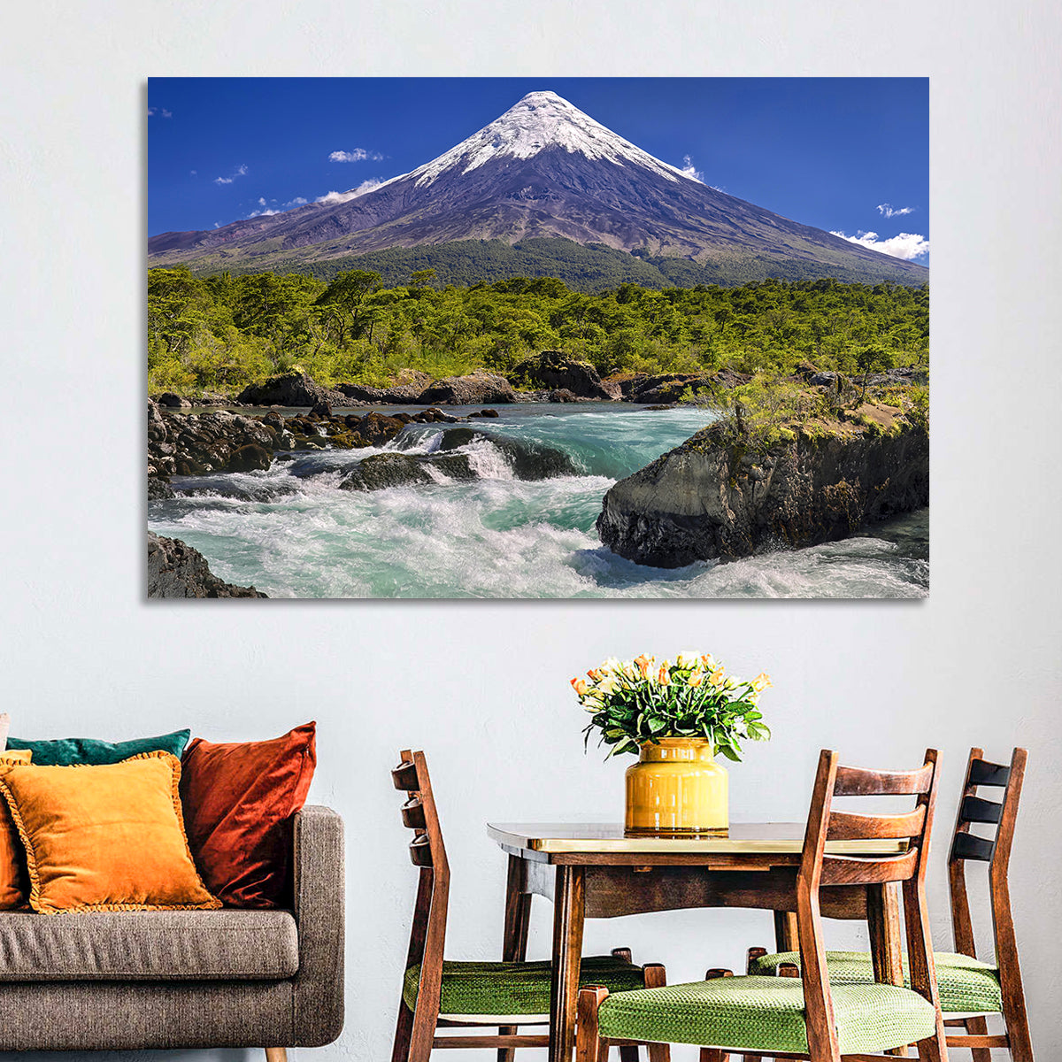 Osorno Volcano Over Petrohue Rapids Wall Art in a room, landscape