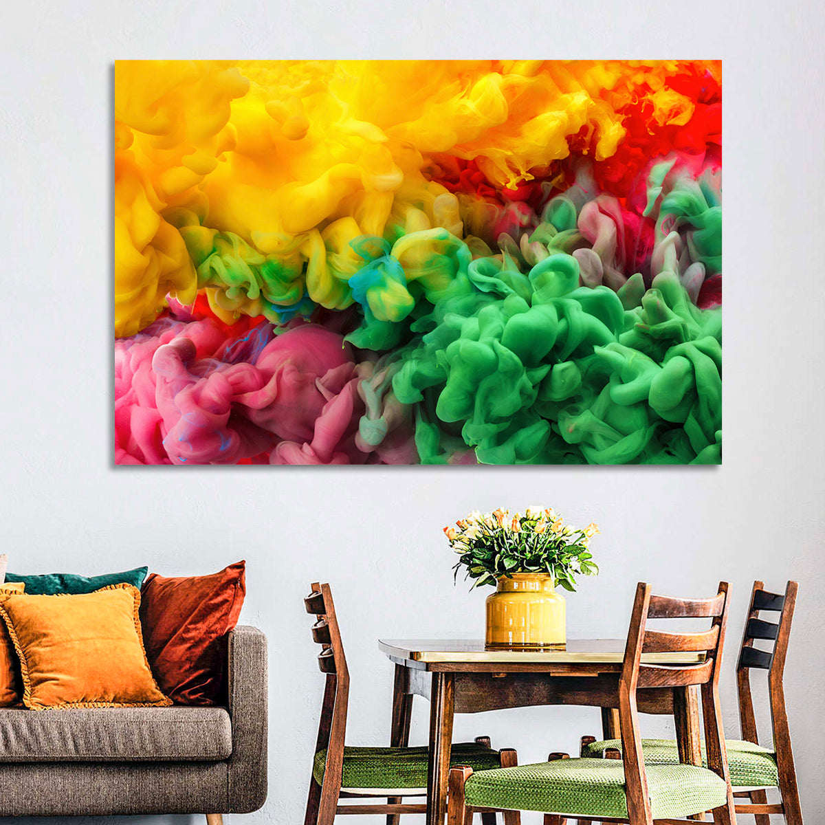 Vibrant Underwater Ink Cloud Abstract Wall Art in a room, landscape