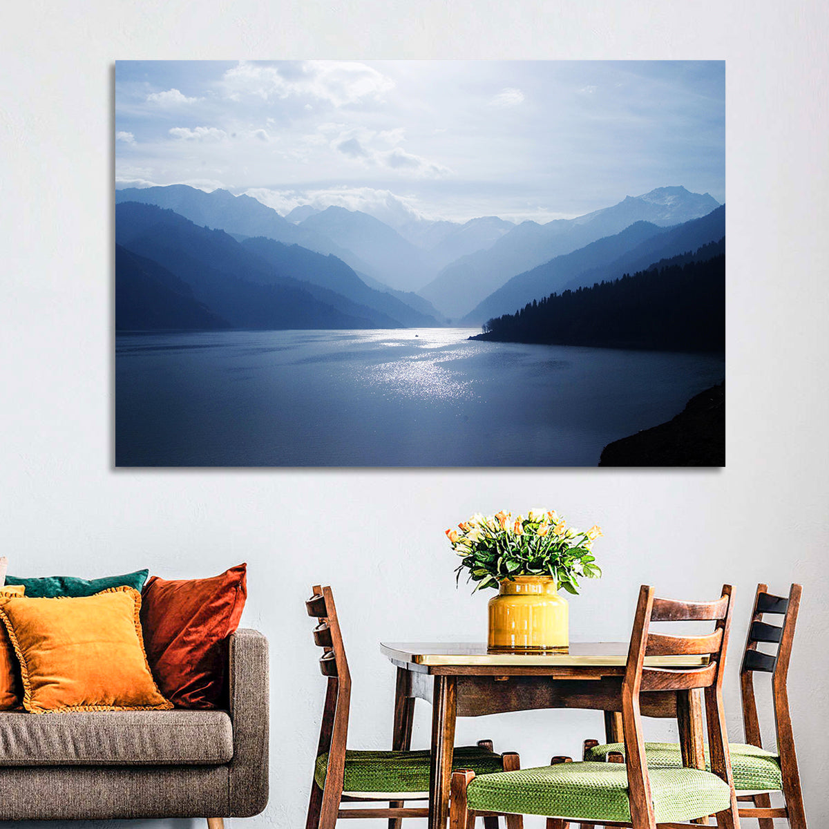 Xinjiang Lakeshore Serenity Wall Art in a room, landscape