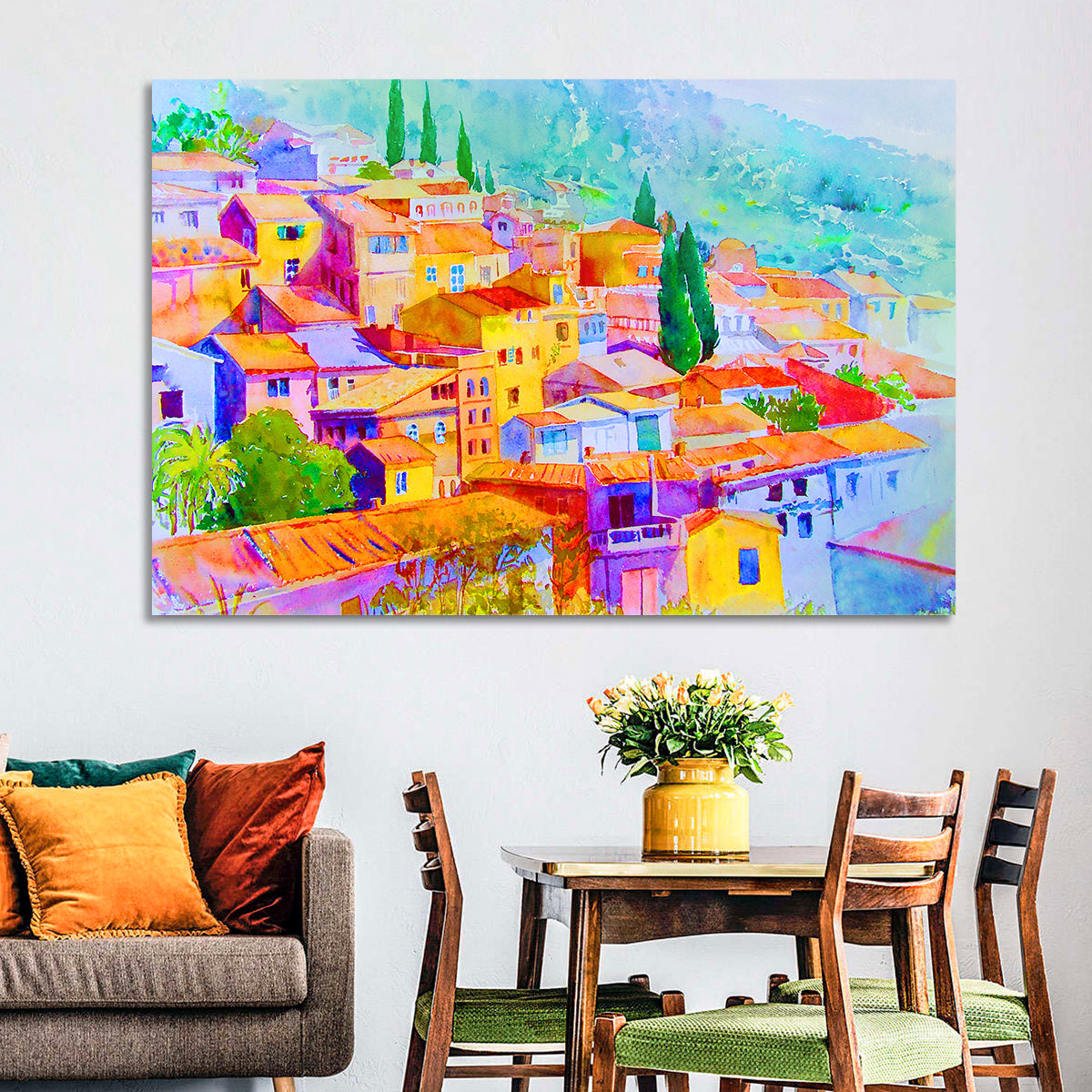 Mediterranean Hillside Watercolor Village Wall Art in a room, landscape