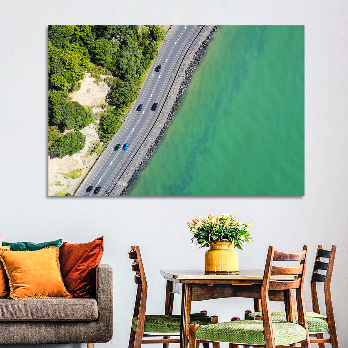 Auckland Coastal Highway Aerial View Wall Art in a room, landscape