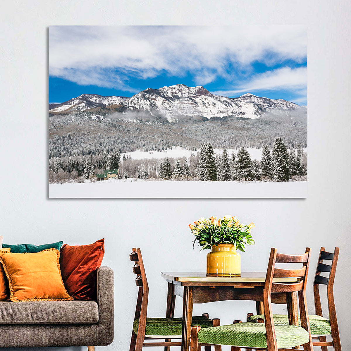 Colorado Snowy Mountain Cabin Wall Art in a room, landscape