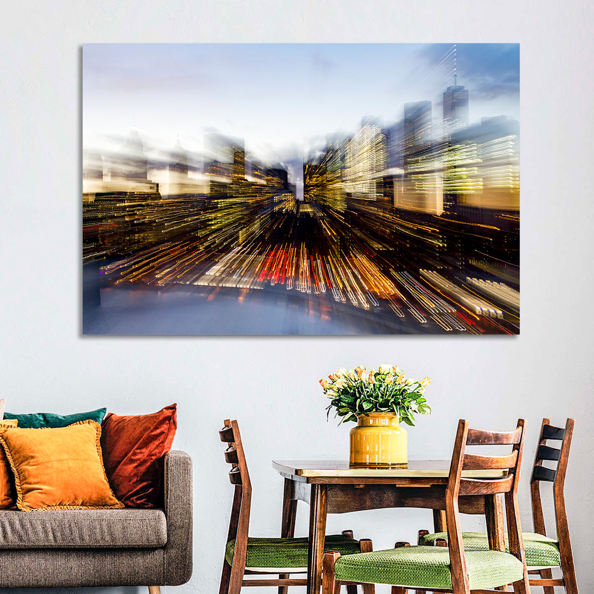 Zoom Burst Skyline Abstract Wall Art in a room, landscape