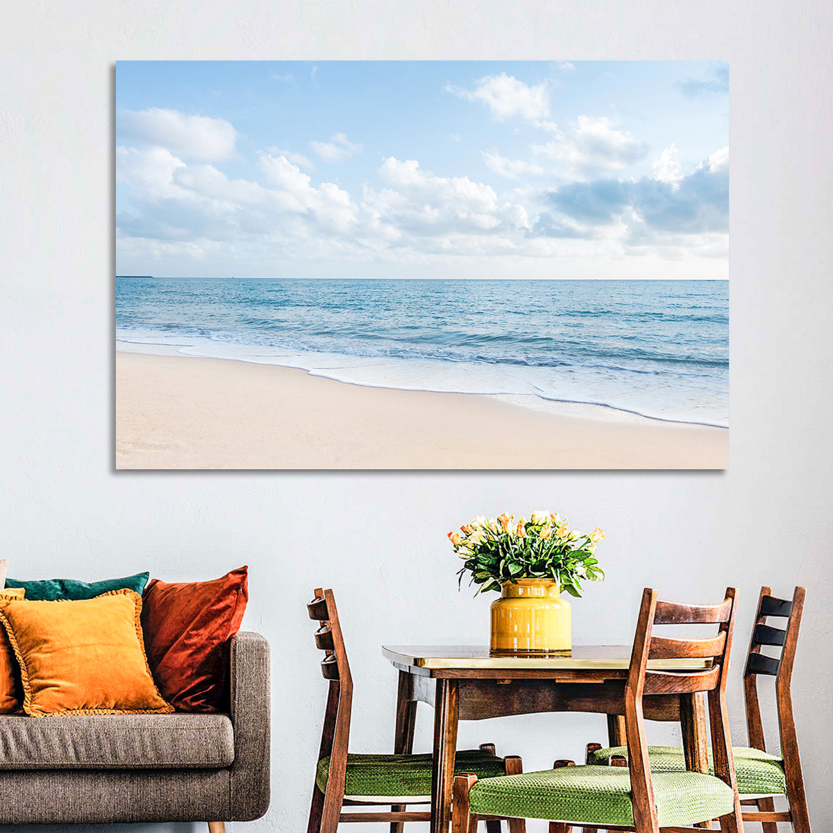 Minimalist Sandy Beach and Gentle Waves Wall Art in a room, landscape
