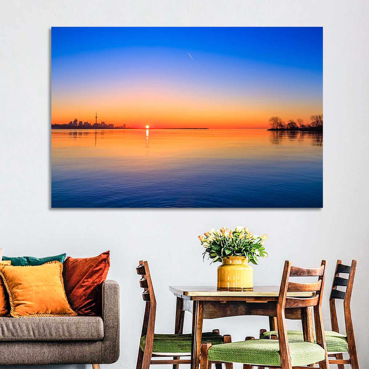 Toronto Sunset Over Lake Ontario Wall Art in a room, landscape