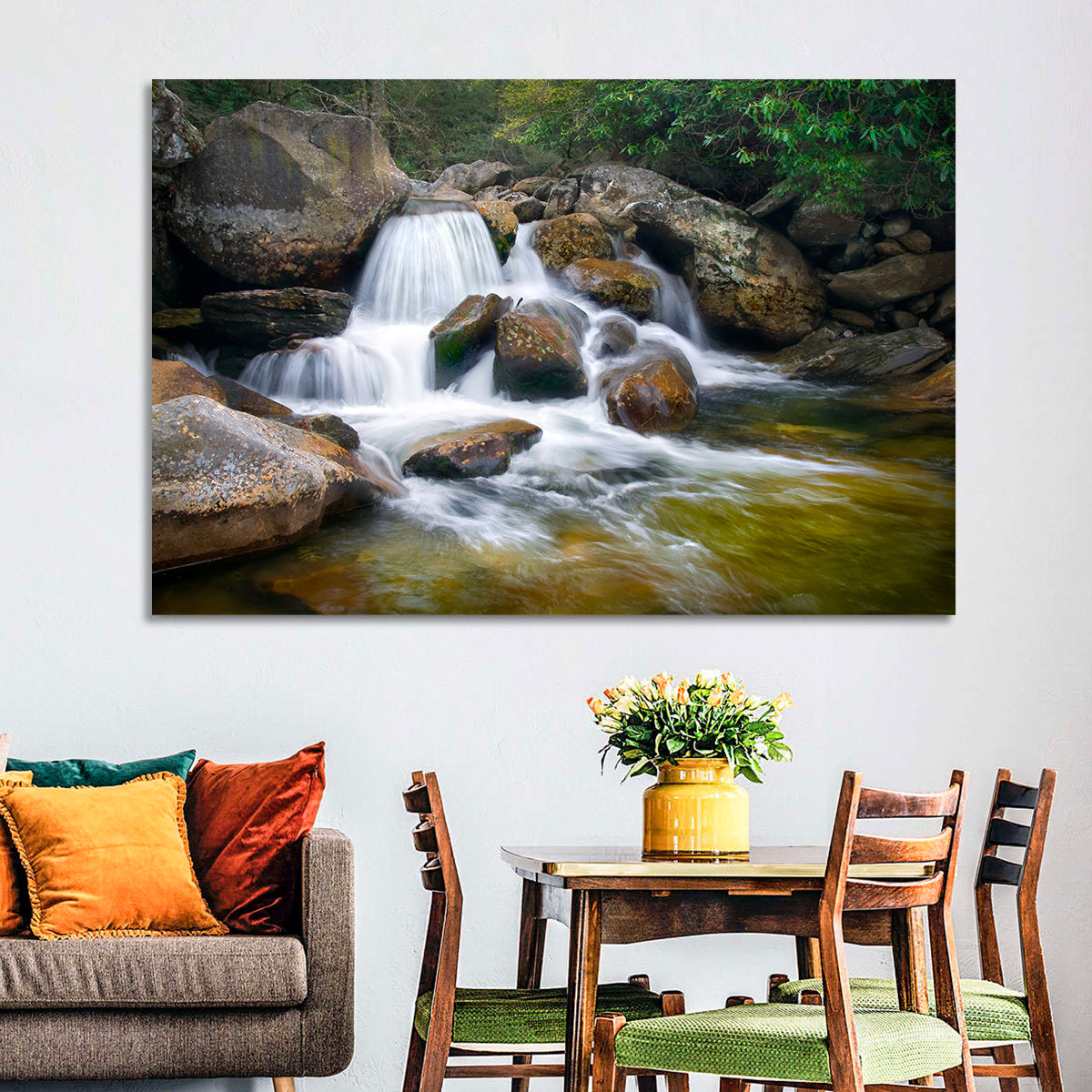 Blue Ridge Mossy Waterfall Wall Art in a room, landscape