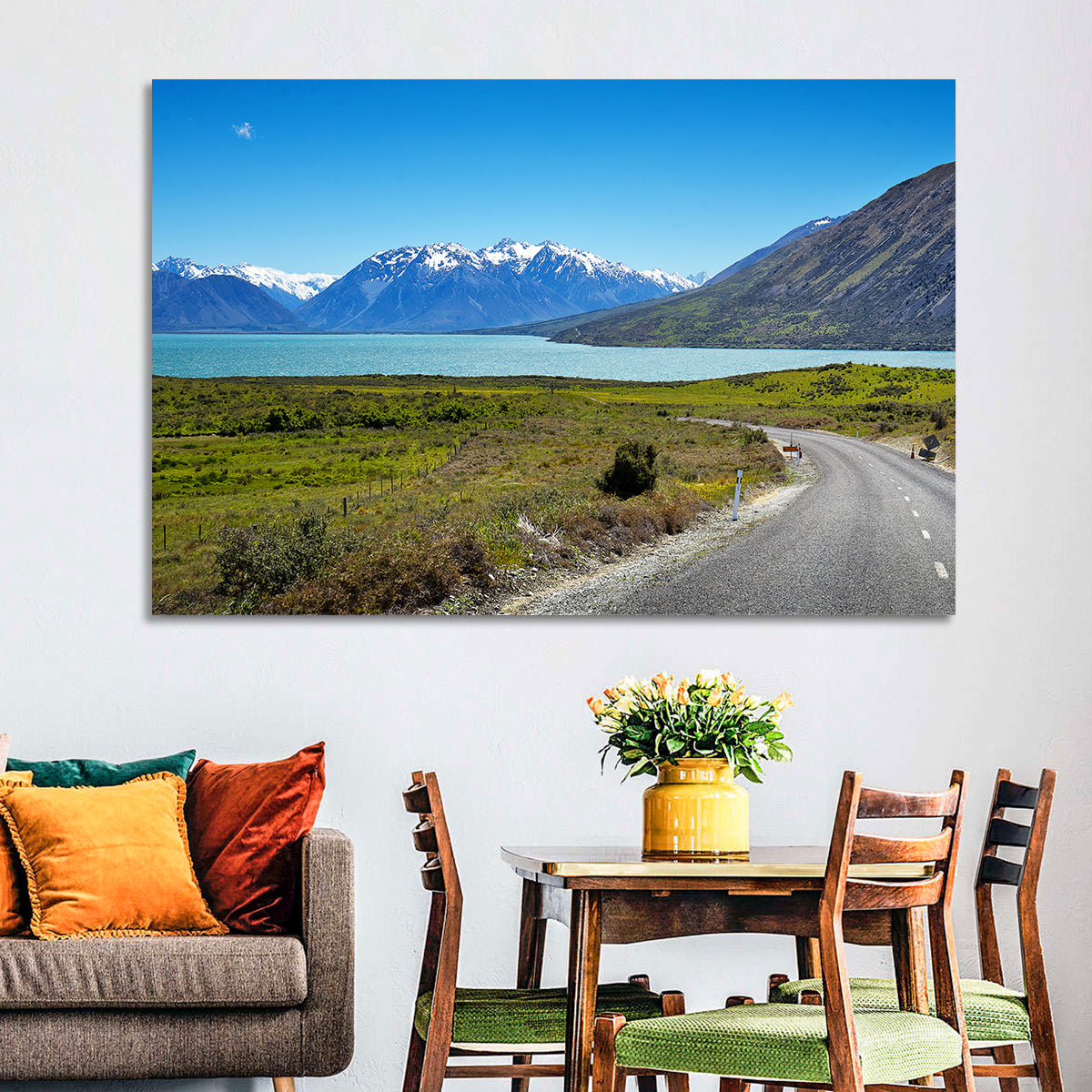 Winding Road at Lake Ohau Wall Art in a room, landscape