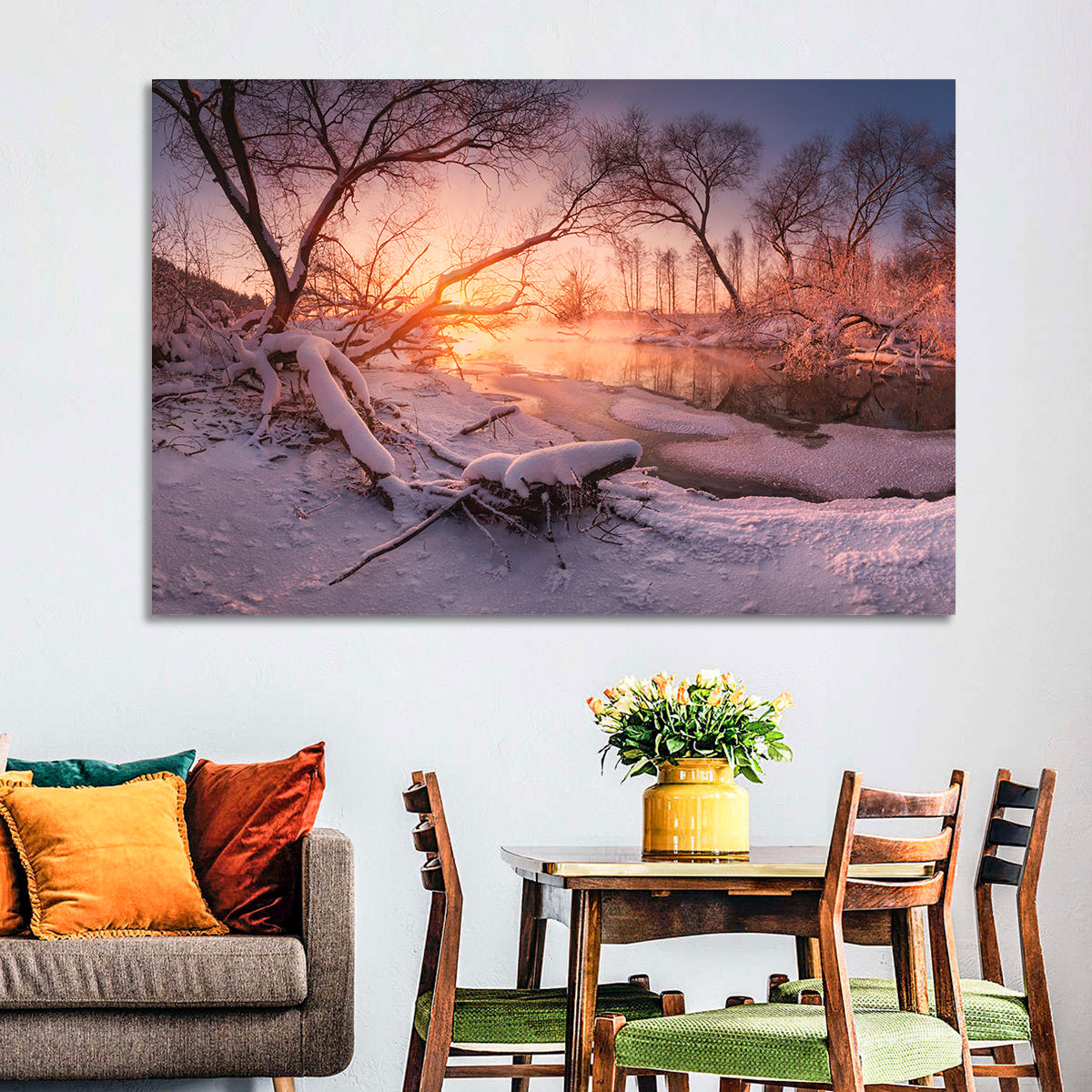 Sunset Over Snowy Forest Lake Wall Art in a room, landscape