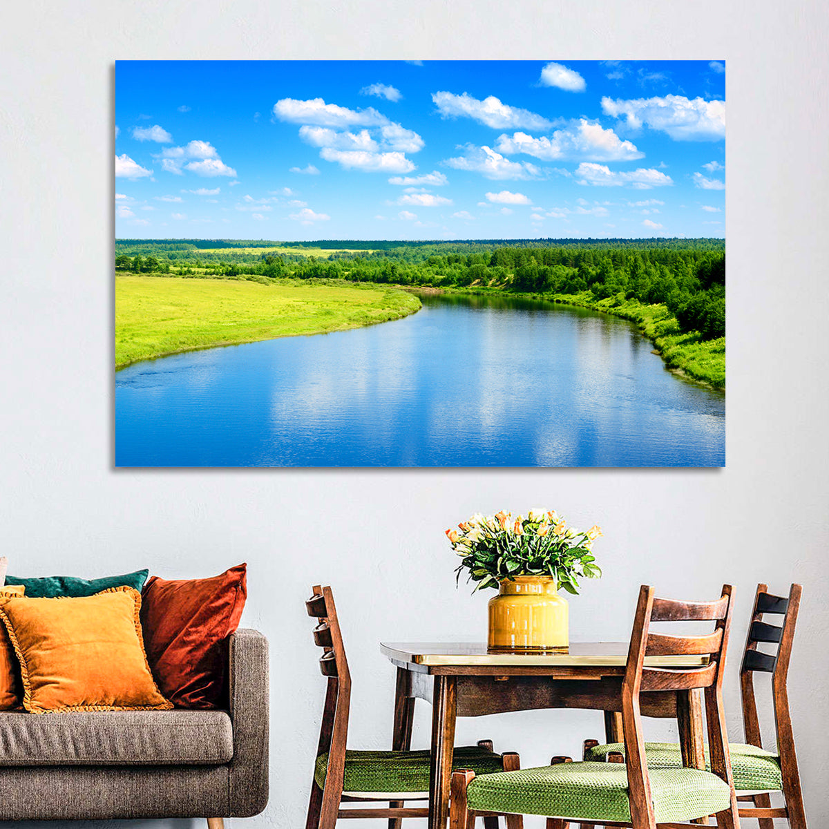 Blue River Meadow Wall Art in a room, landscape