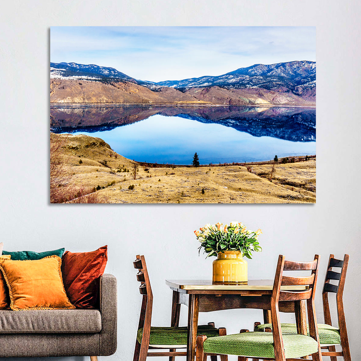 Kamloops Lake Sunset with Snow Capped Peaks Wall Art in a room, landscape