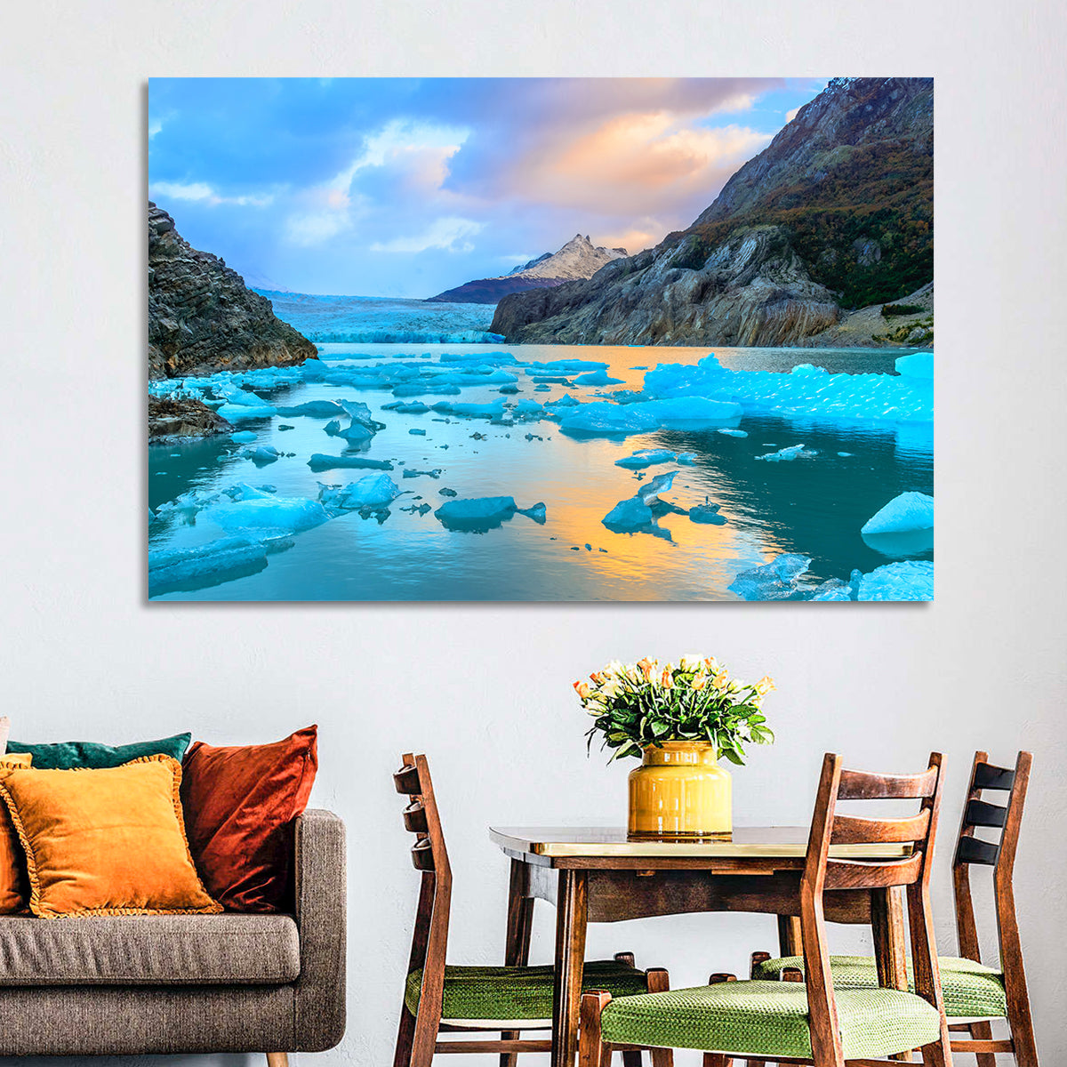 Grey Glacier at Sunset Wall Art in a room, landscape