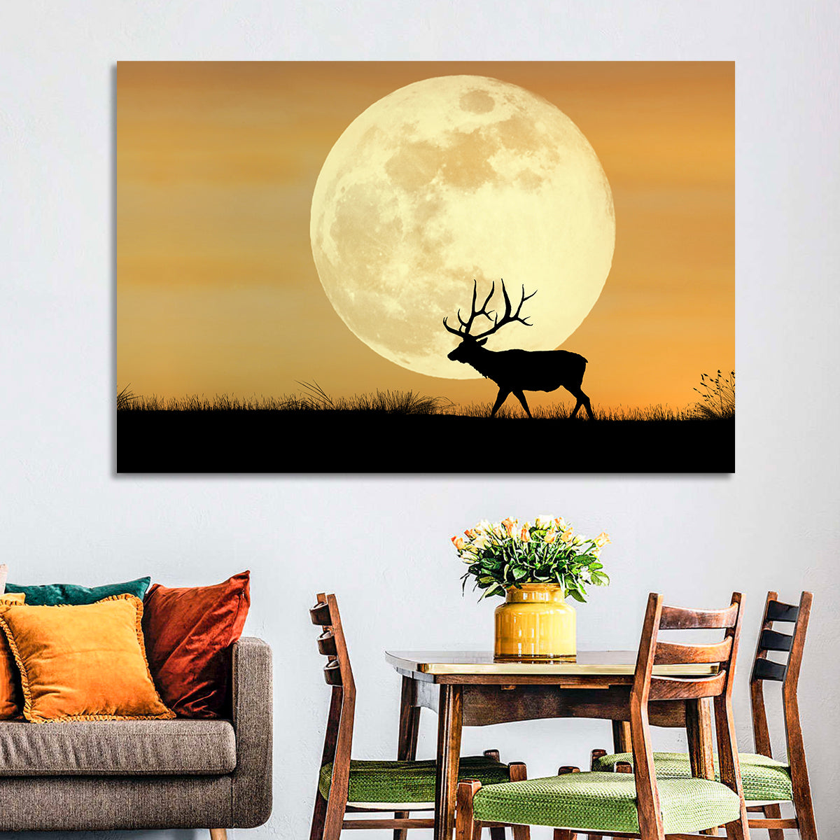 Bull Elk Silhouette Under Supermoon Wall Art