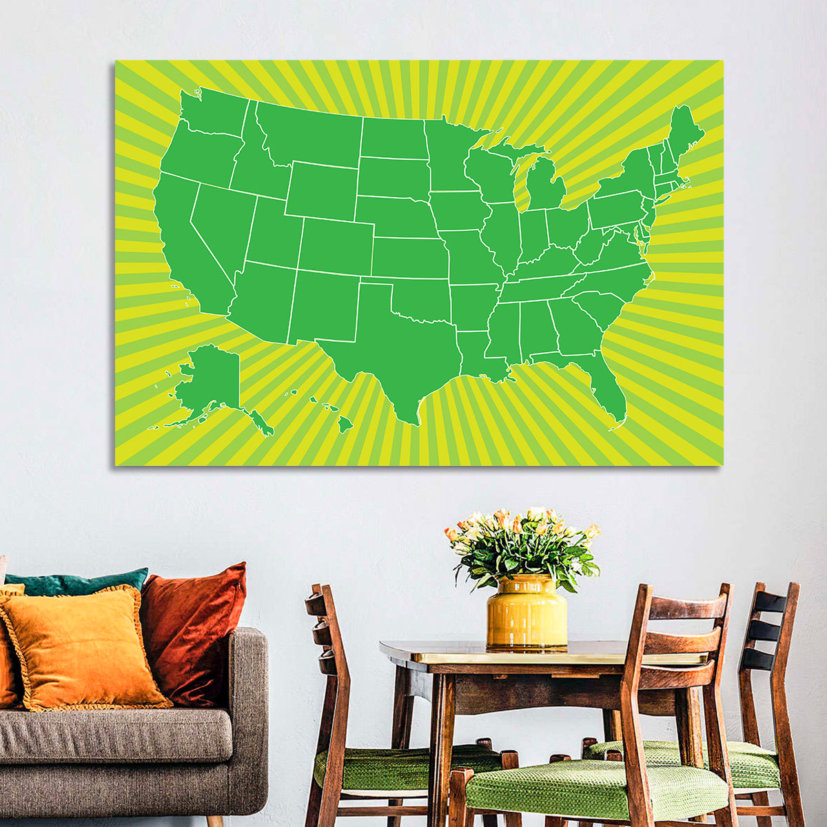 Green Sunburst USA Map Wall Art