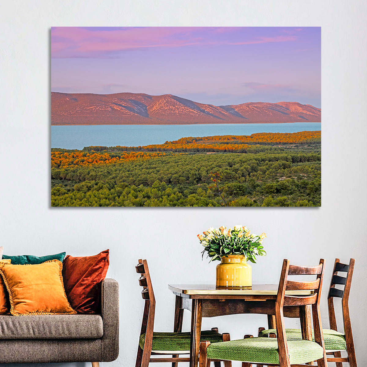 Lake Vrana Golden Hour Wall Art in a room, landscape
