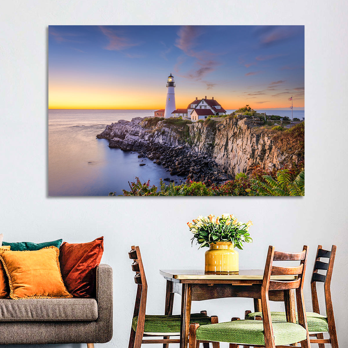 Portland Head Light at Dusk Wall Art in a room, landscape