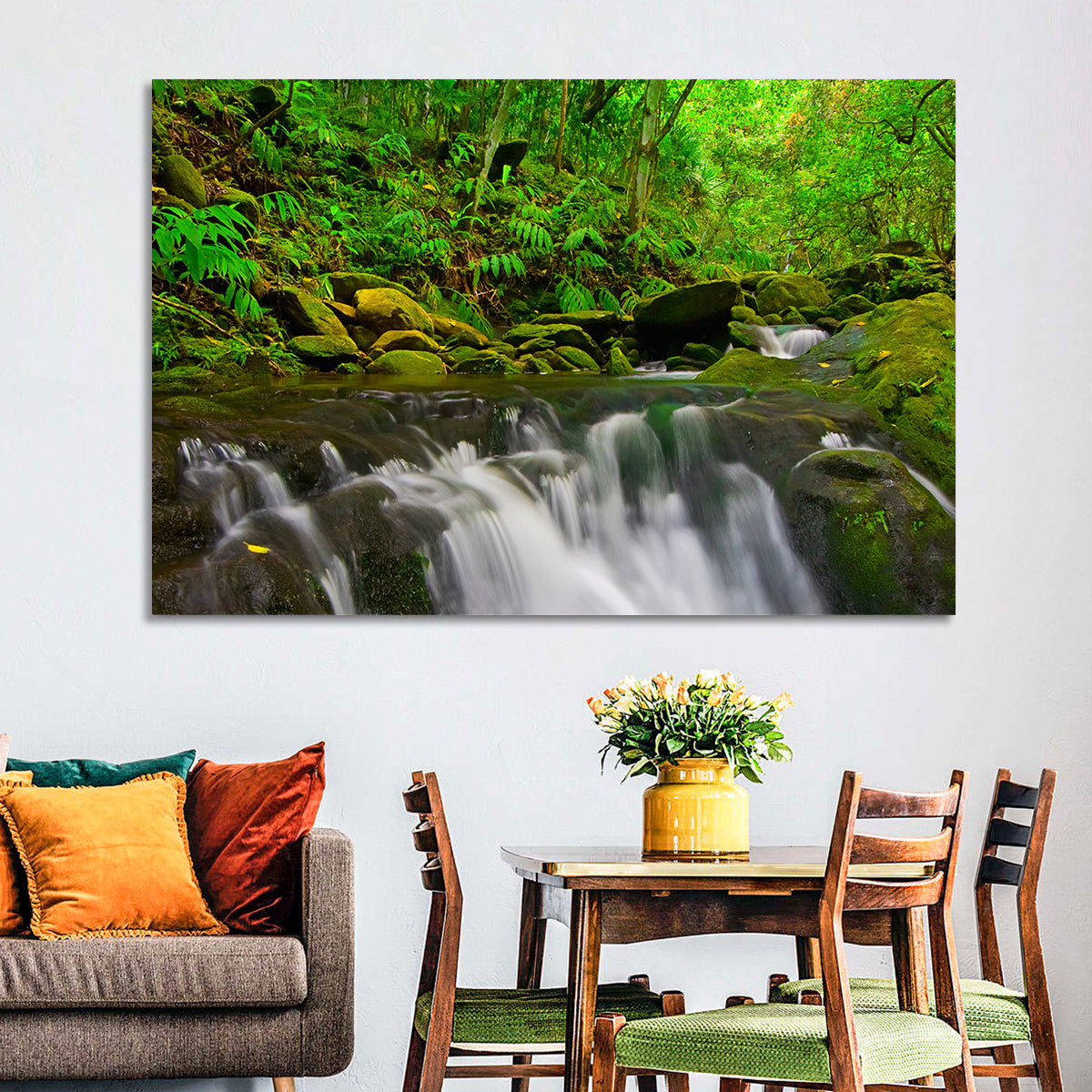 Emerald Jungle Stream Wall Art in a room, landscape