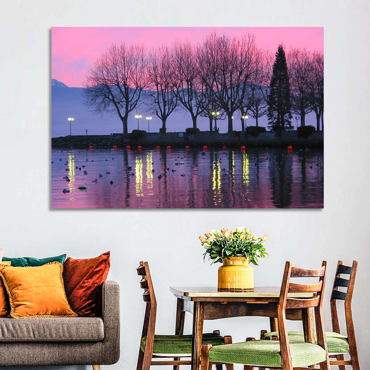 Lake Geneva Twilight Wall Art in a room, landscape
