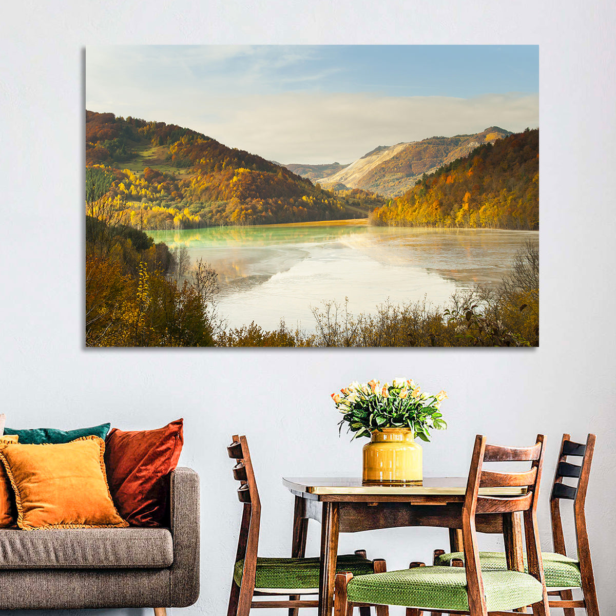 Bright Green Tailings Lake Wall Art in a room, landscape