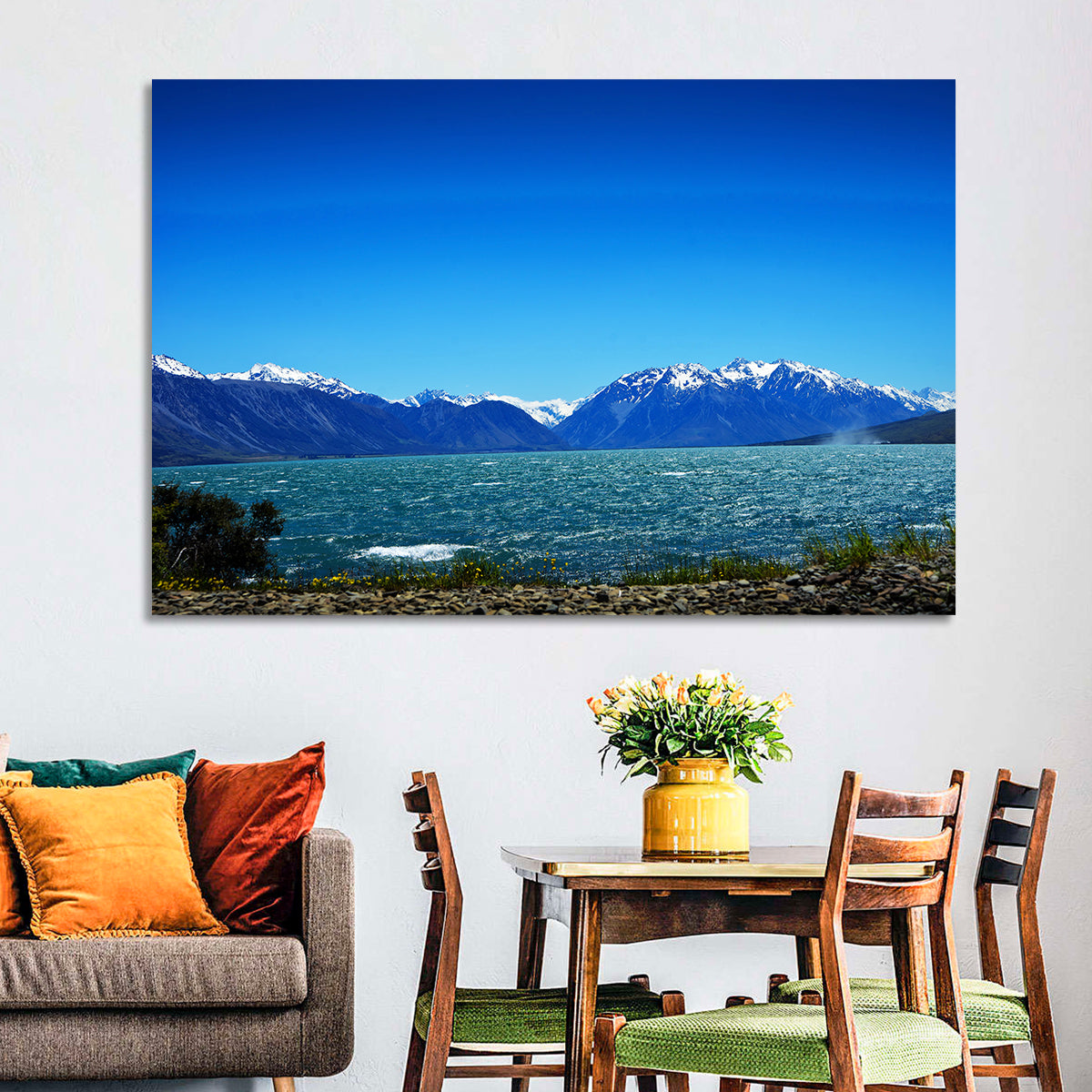 Lake Ohau Snow Peaks Wall Art in a room, landscape
