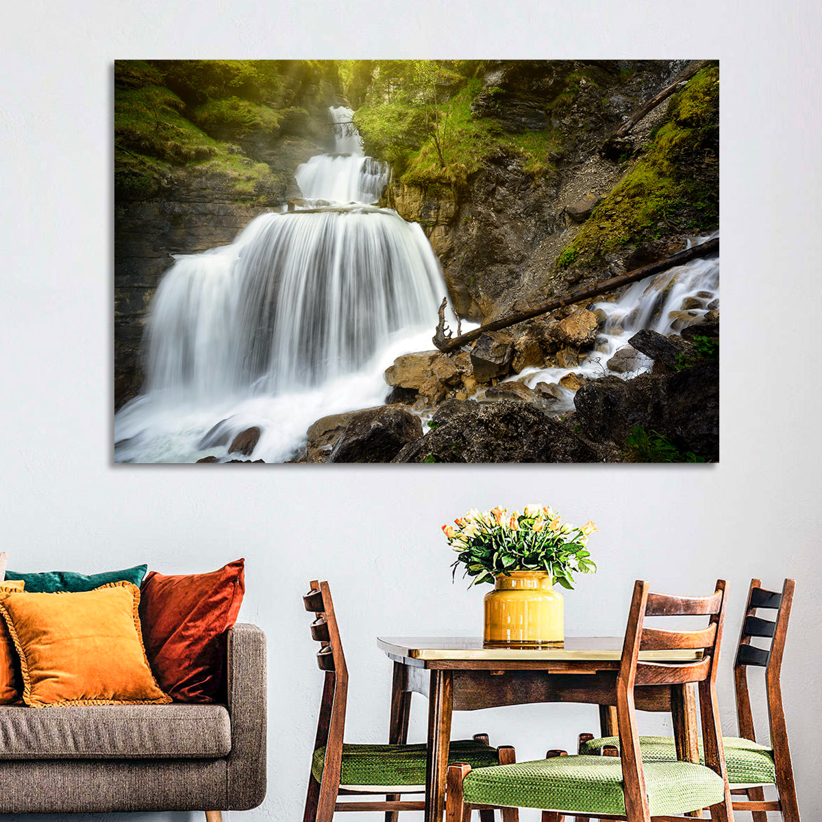 White Cascade Over Mossy Rocks Wall Art in a room, landscape