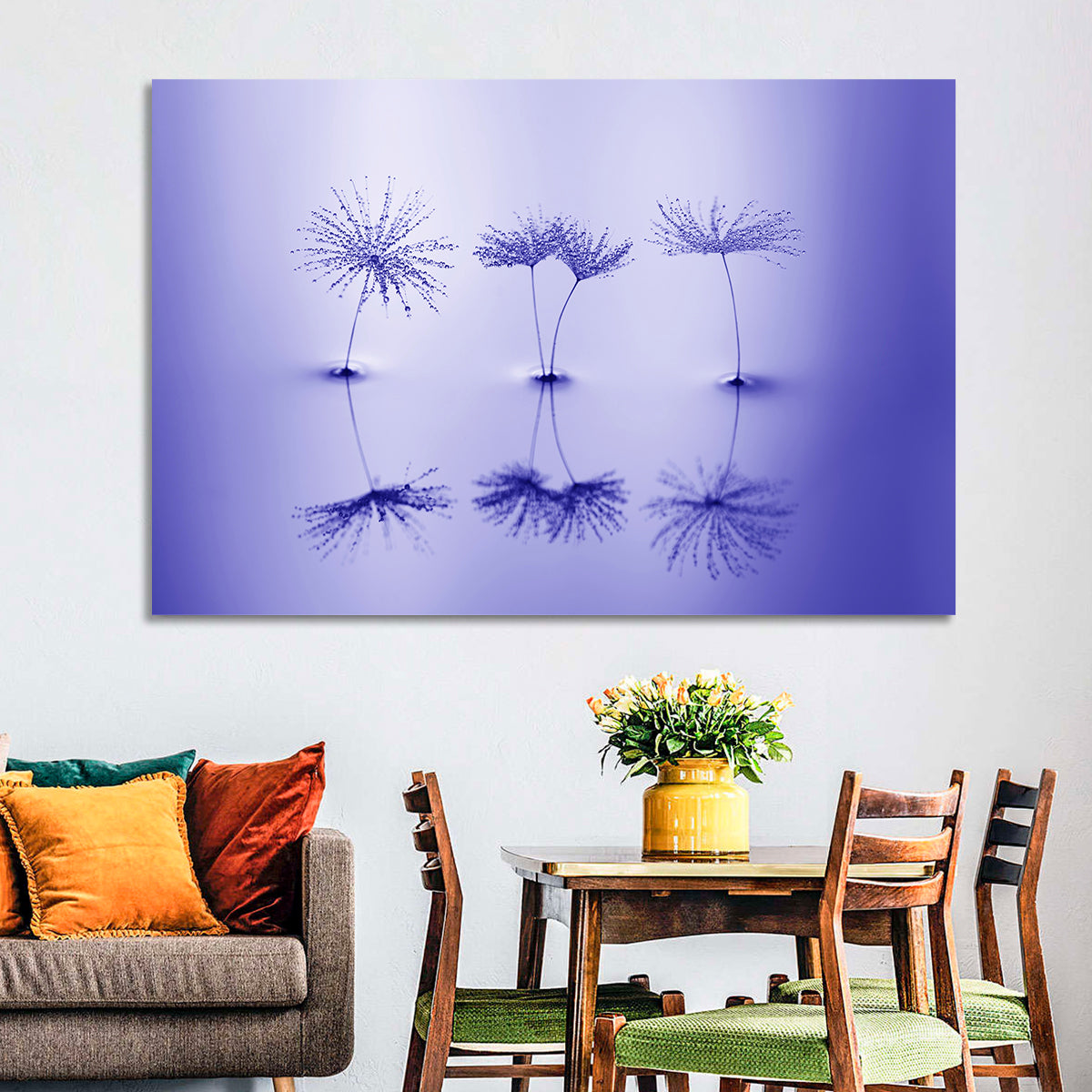 Blue Dandelion Seeds with Reflections Wall Art in a room, landscape