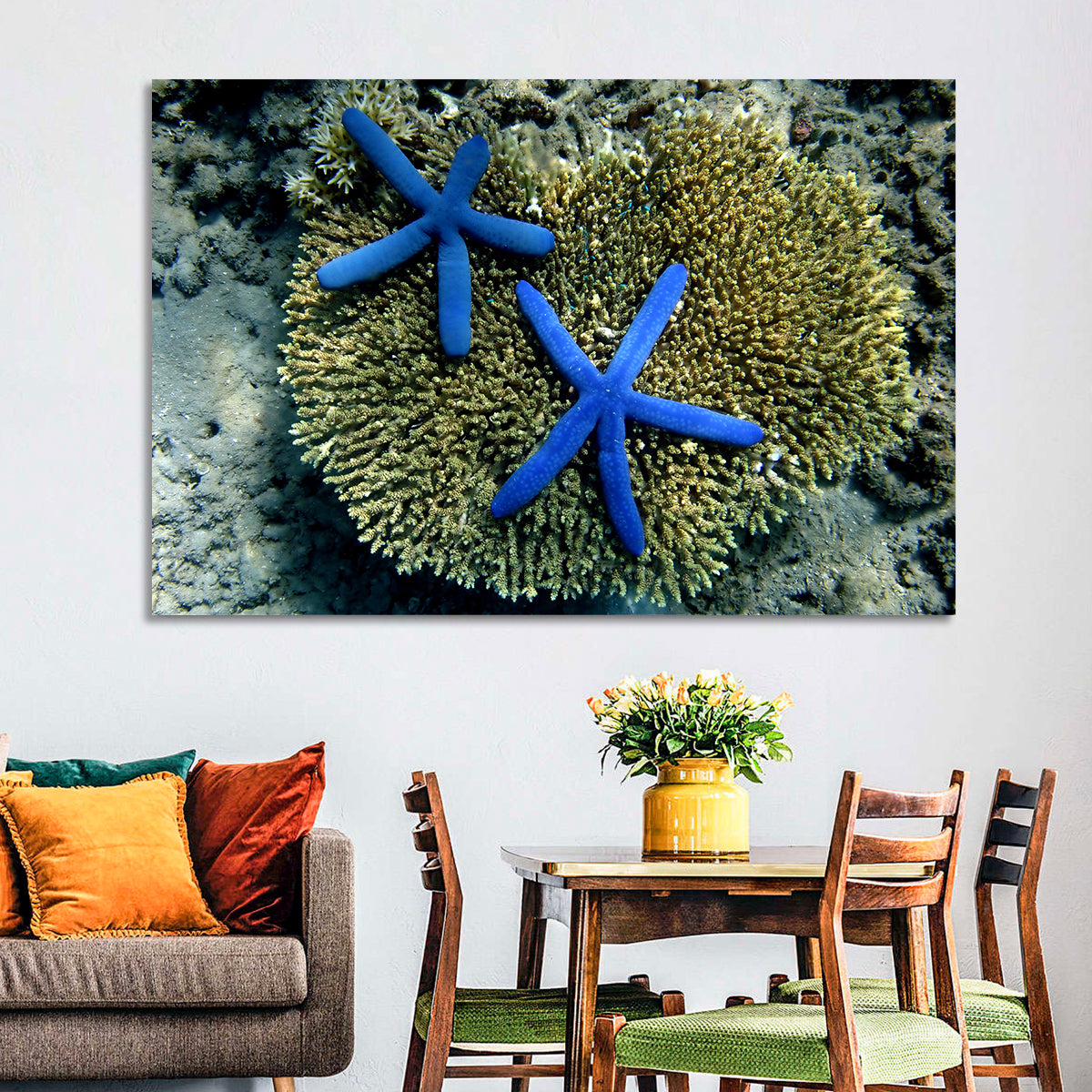 Blue Starfish Wall Art in a room, landscape