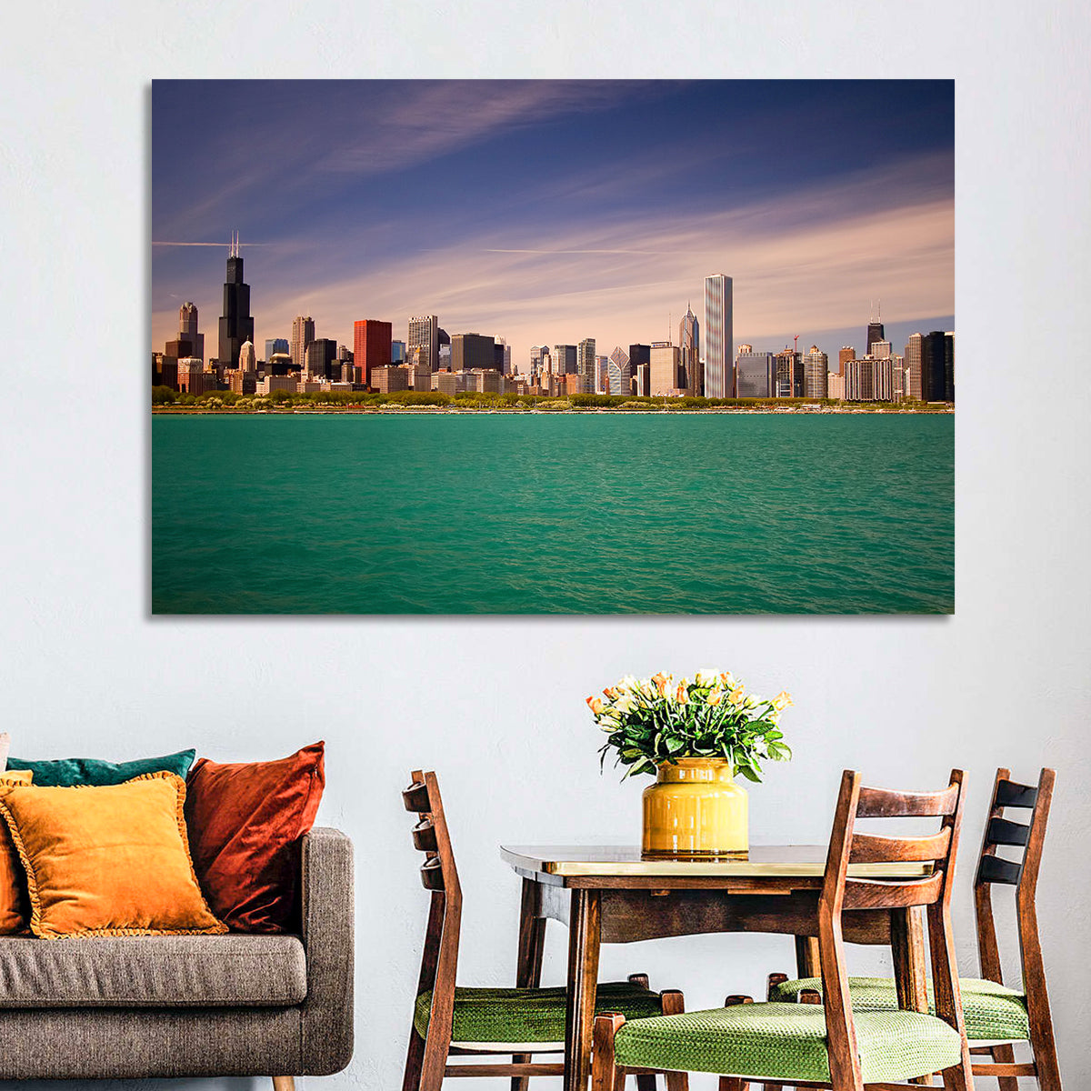 Chicago Skyline Above Lake Michigan Wall Art in a room, landscape
