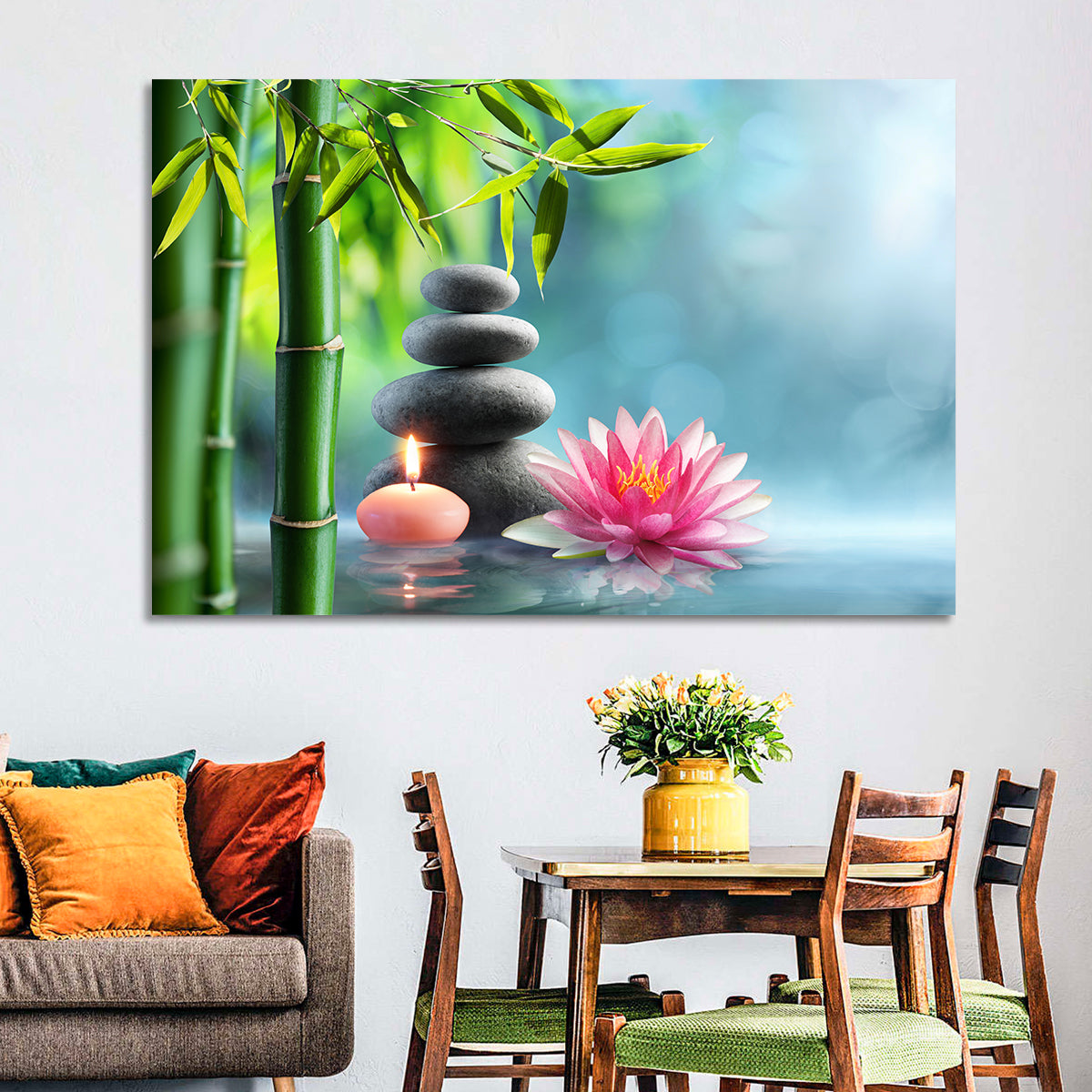 Zen Massage Stones with Waterlily Wall Art in a room, landscape
