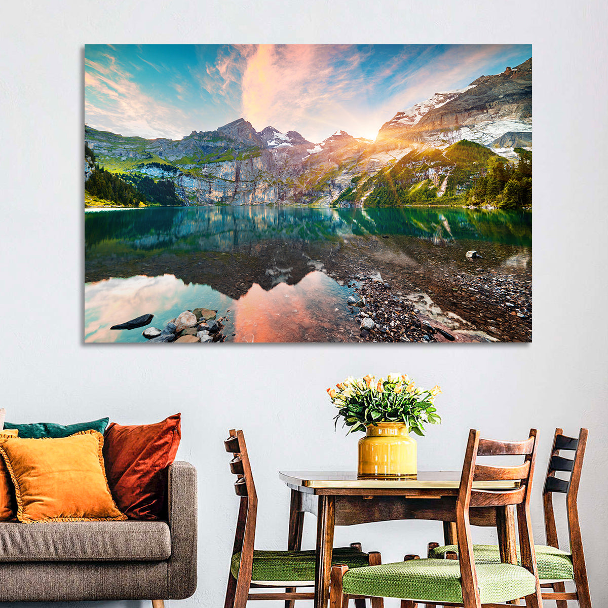 Oeschinensee Reflection Wall Art in a room, landscape