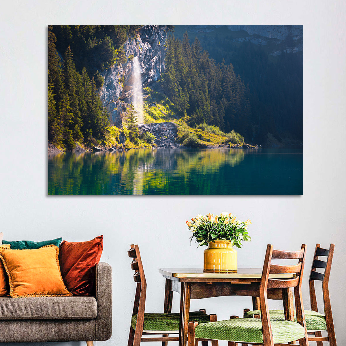 Lake Oeschinen Waterfall Reflection Wall Art in a room, landscape