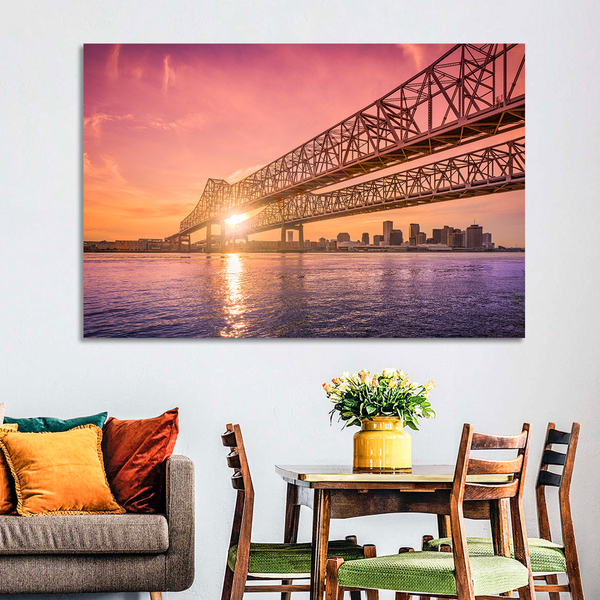 Crescent City Connection at Sunset Wall Art in a room, landscape