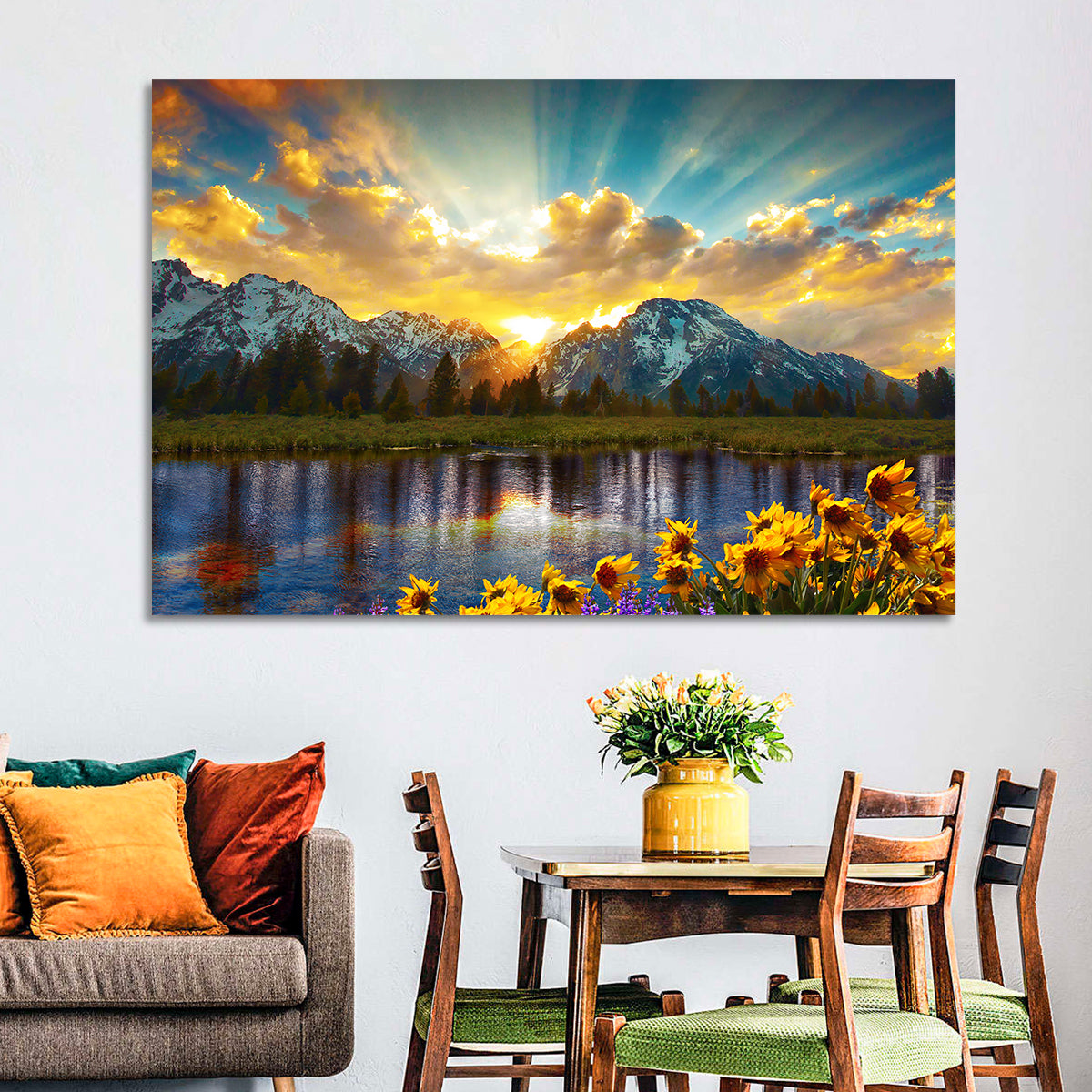 Grand Teton Sunrise Reflection Wall Art in a room, landscape
