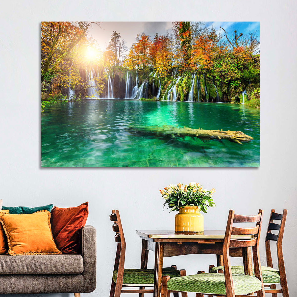 Autumn Waterfalls at Plitvice Lakes Wall Art in a room, landscape