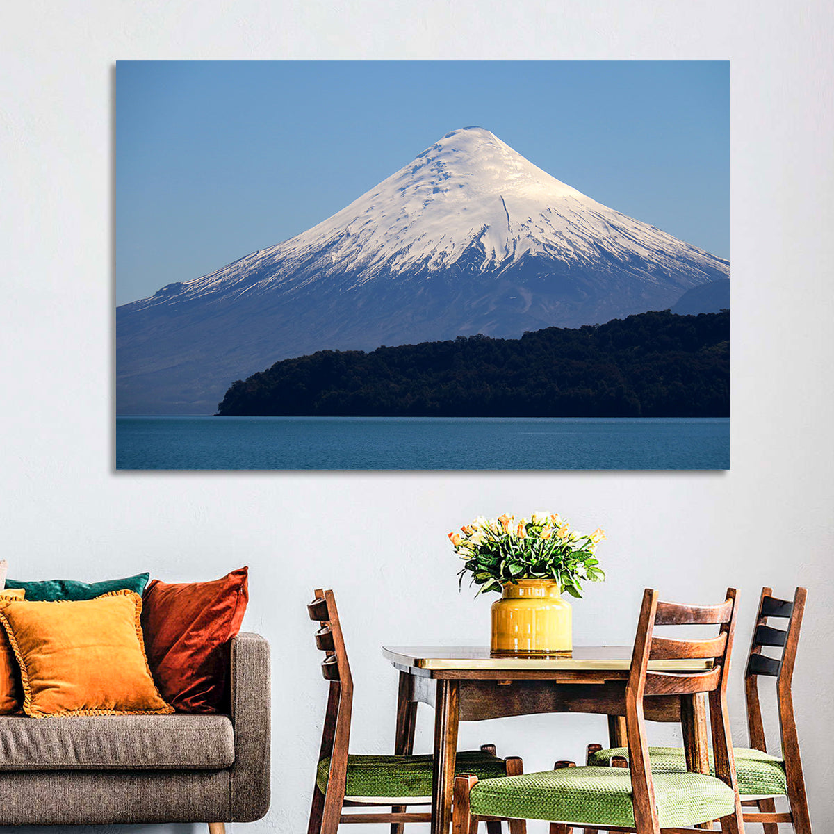 Snow-capped Osorno Volcano Over Lake Wall Art in a room, landscape