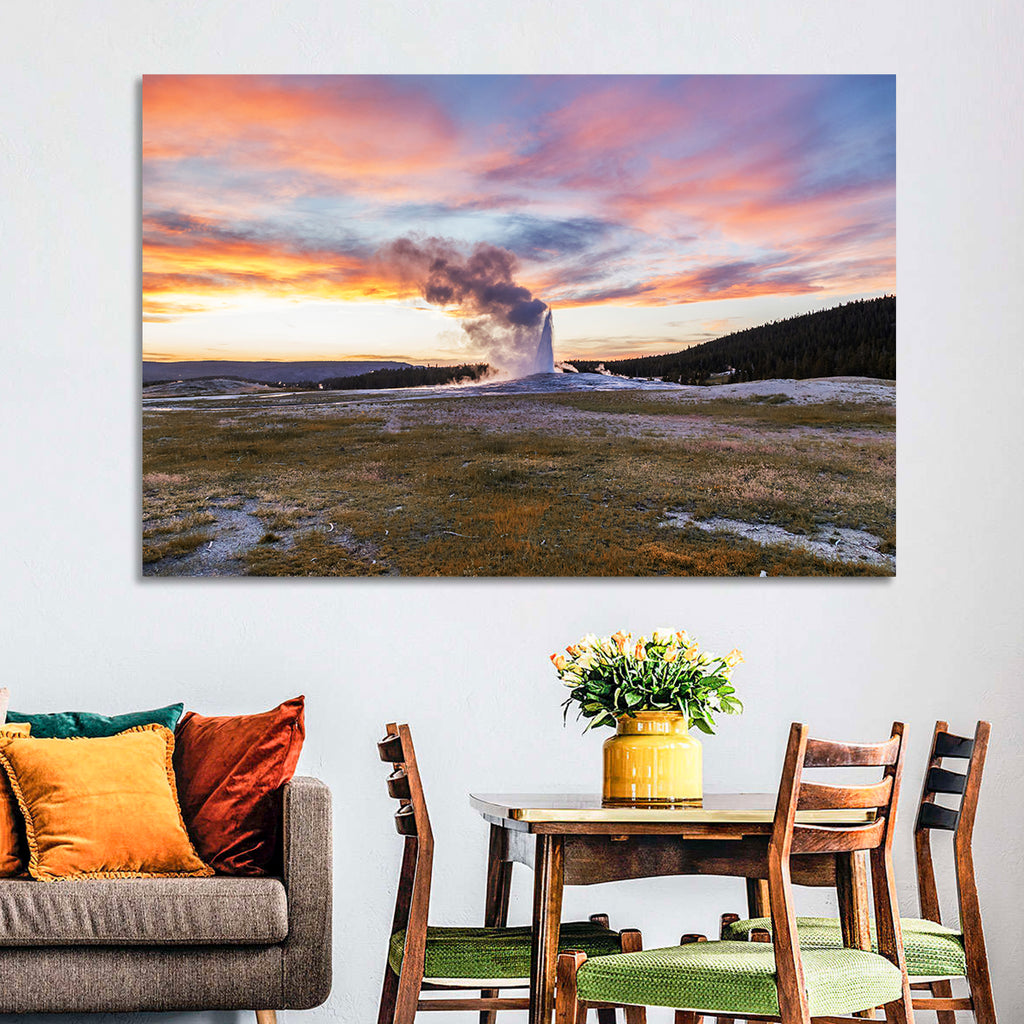 Old Faithful Erupting at Sunset Wall Art