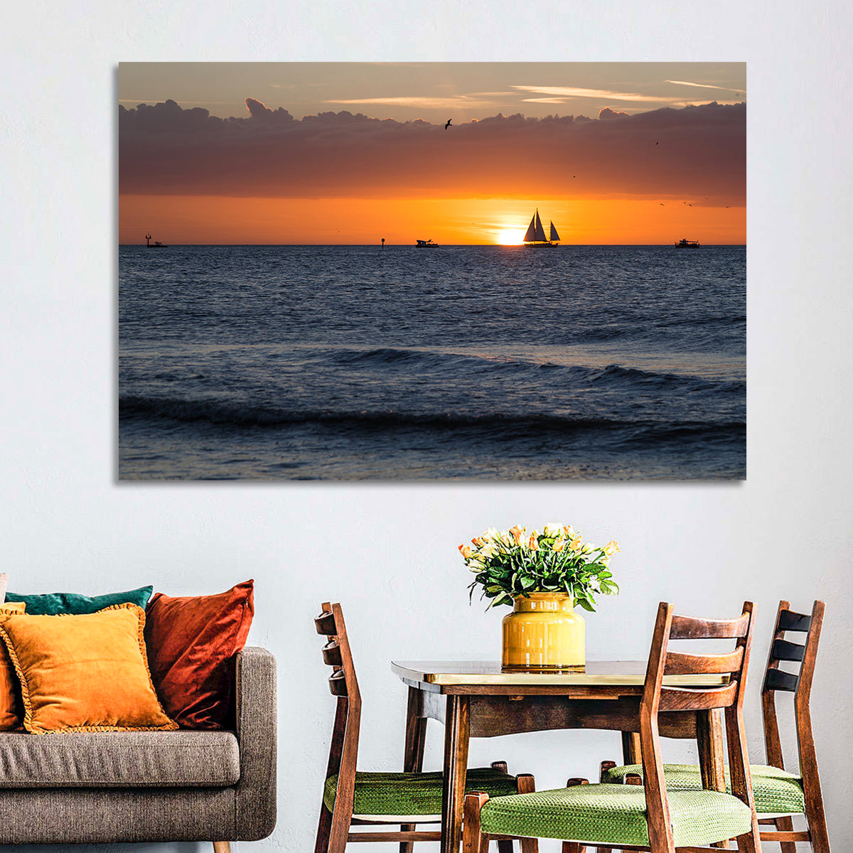 Florida Sailboat Sunset Wall Art in a room, landscape
