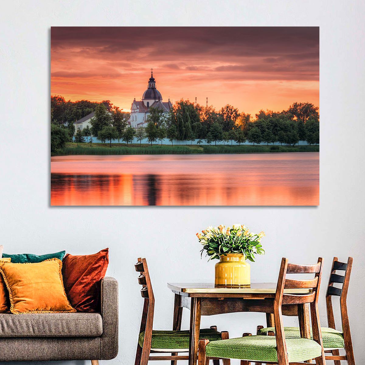 Corpus Christi Church Sunset Reflection Wall Art in a room, landscape