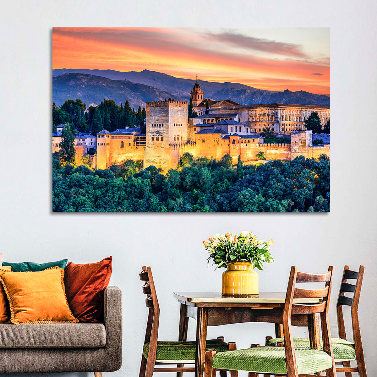Alhambra Fortress at Golden Sunset Wall Art in a room, landscape