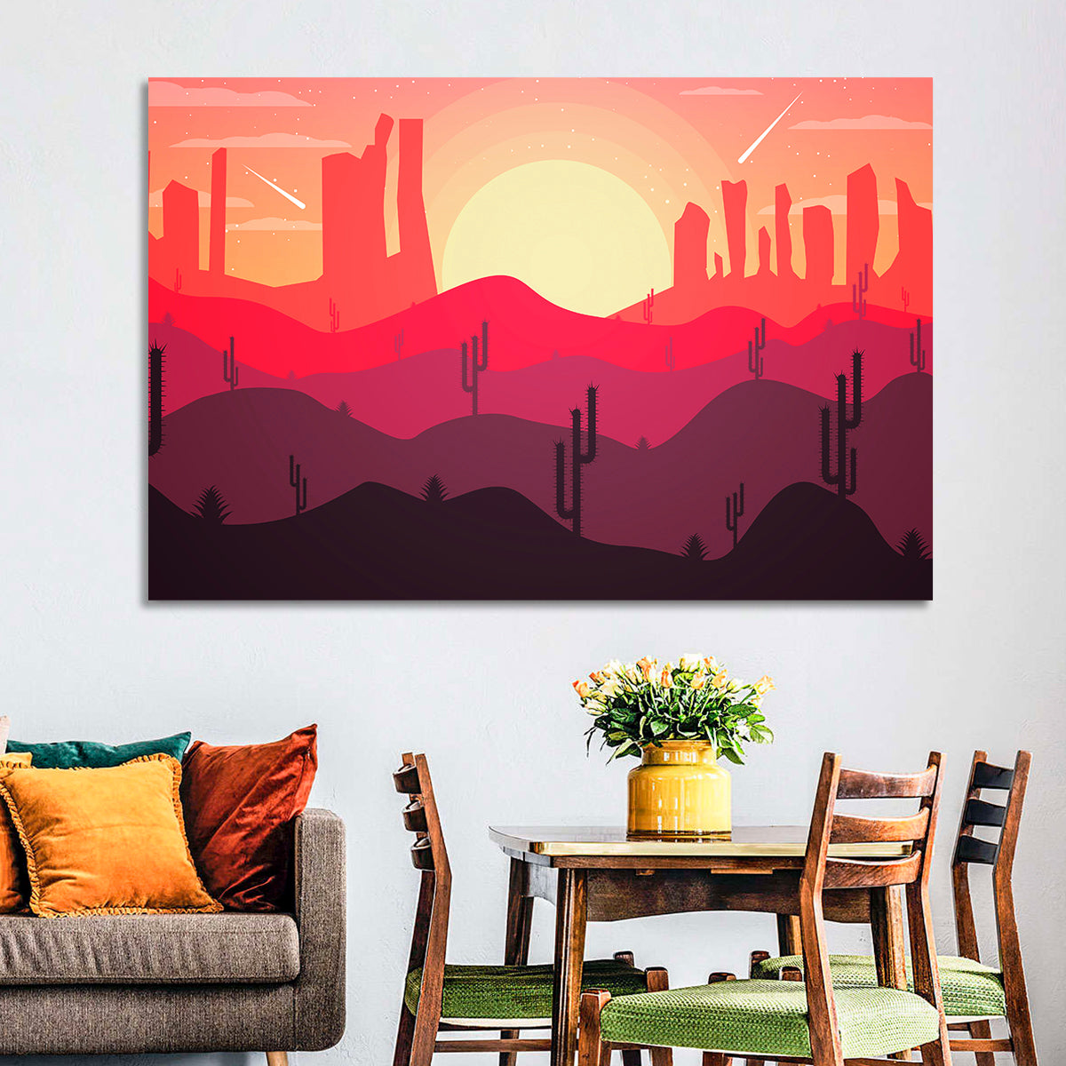 Sunset Desert Cacti Wall Art in a room, landscape