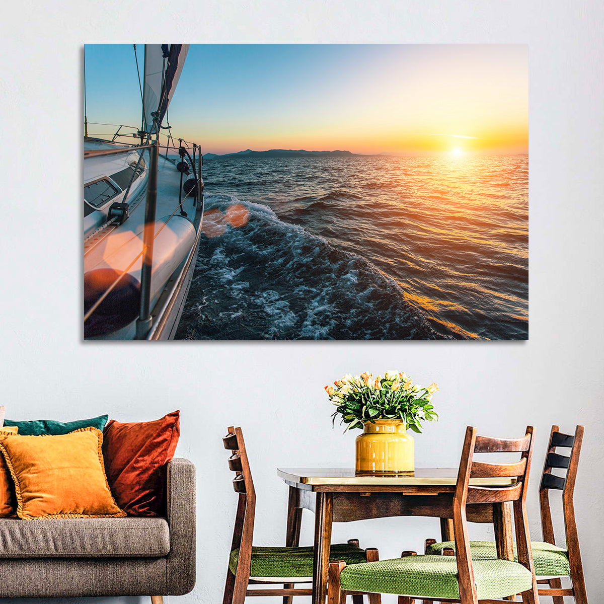Sunset Sail from Deck Wall Art in a room, landscape