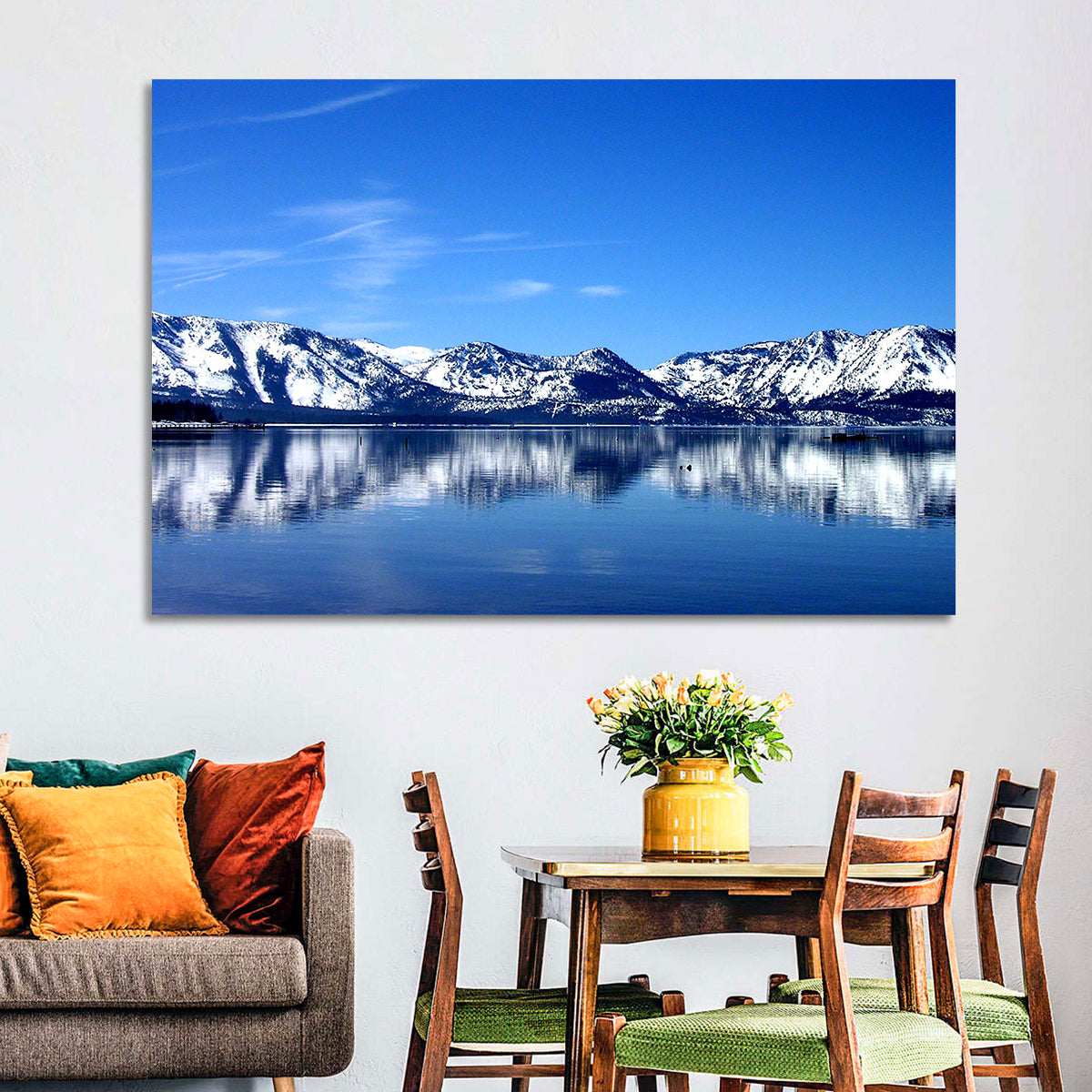Lake Tahoe Mountain Reflection Wall Art in a room, landscape
