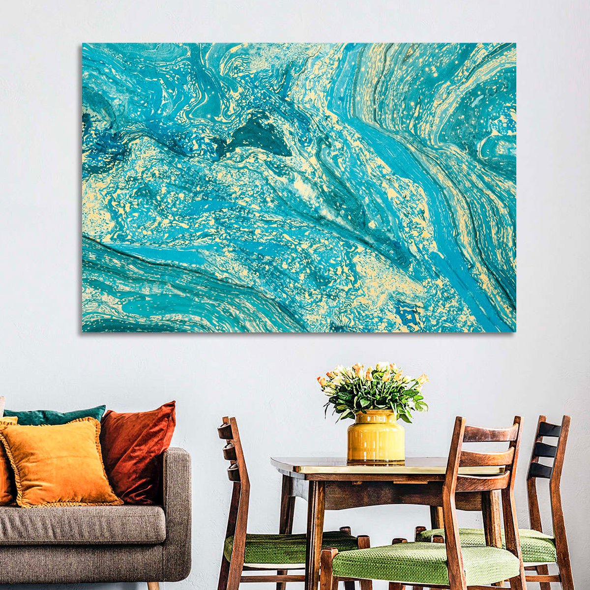 Teal Marble Swirls Abstract Wall Art in a room, landscape