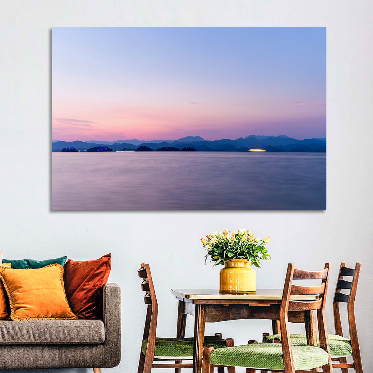 Hangzhou Thousand Island Lake at Dusk Wall Art in a room, landscape