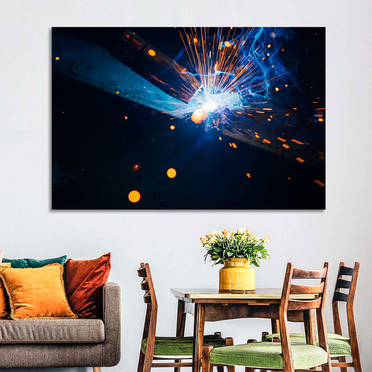 Molten Metal Sparks Wall Art in a room, landscape