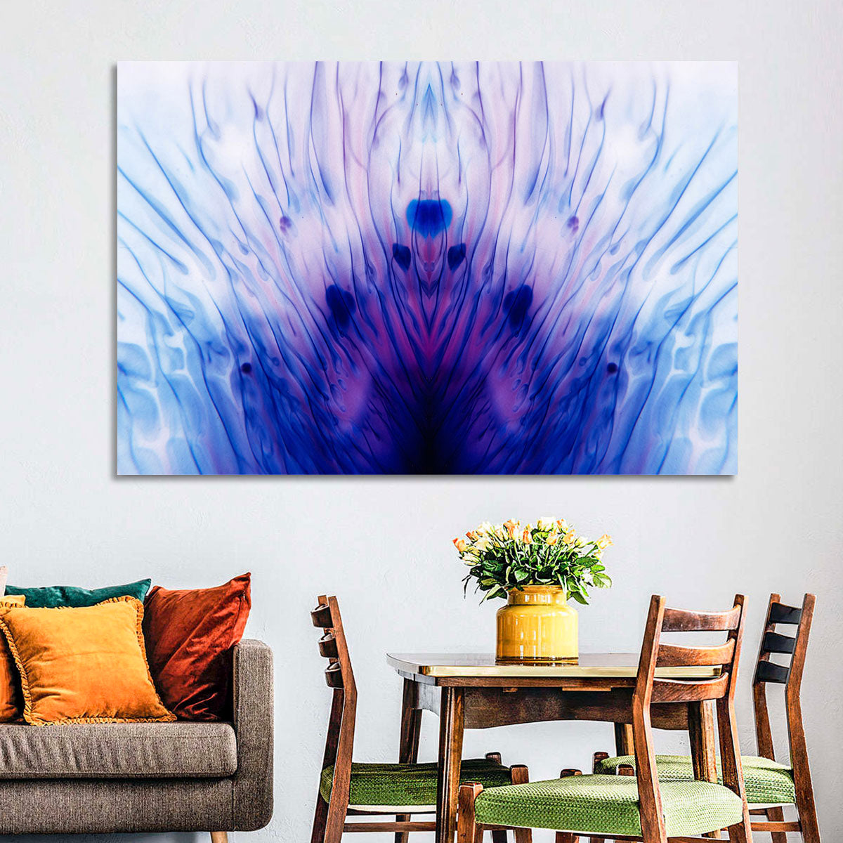 Mirrored Ink Splotch Abstract Wall Art in a room, landscape